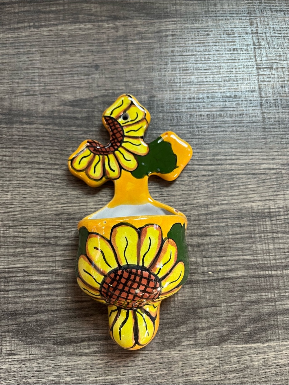 Hand-Painted Yellow Sunflower Ceramic Wall Pocket. Mexico. No chips.